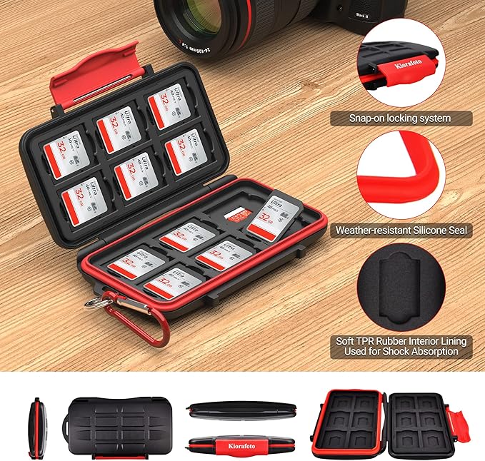 Kiorafoto Professional IPX5 Water-Resistant Anti-Shock Holder Storage SD SDHC SDXC TF MSD Memory Card Case Protector with Carabiner for 12 SD Cards & 12 Micro SD Cards