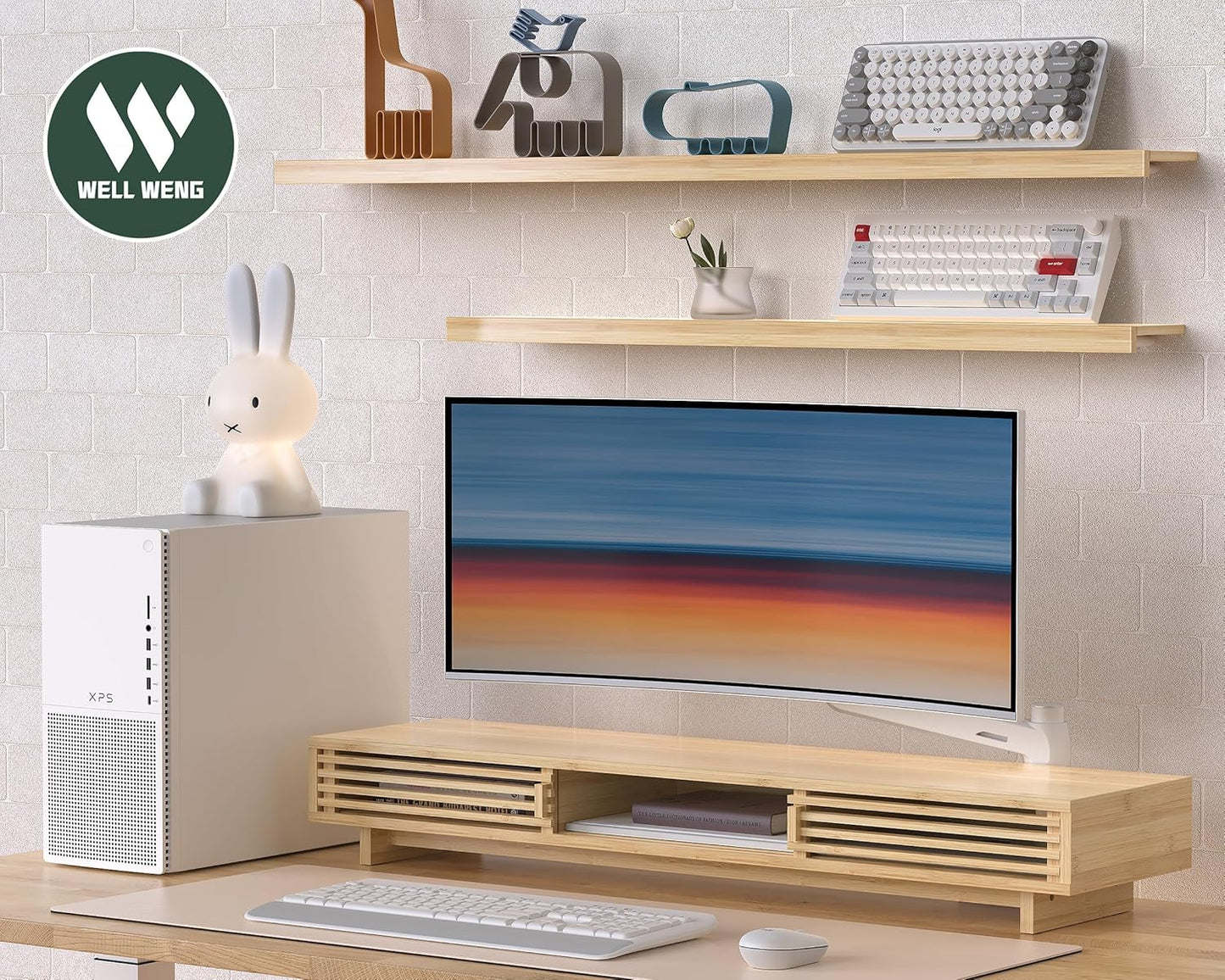 Dual Monitor Stand Riser with Sliding Door, Double Computer Laptop Stand Desk Shelf Organizer with Storage (Natural Bamboo, 38 Inch)