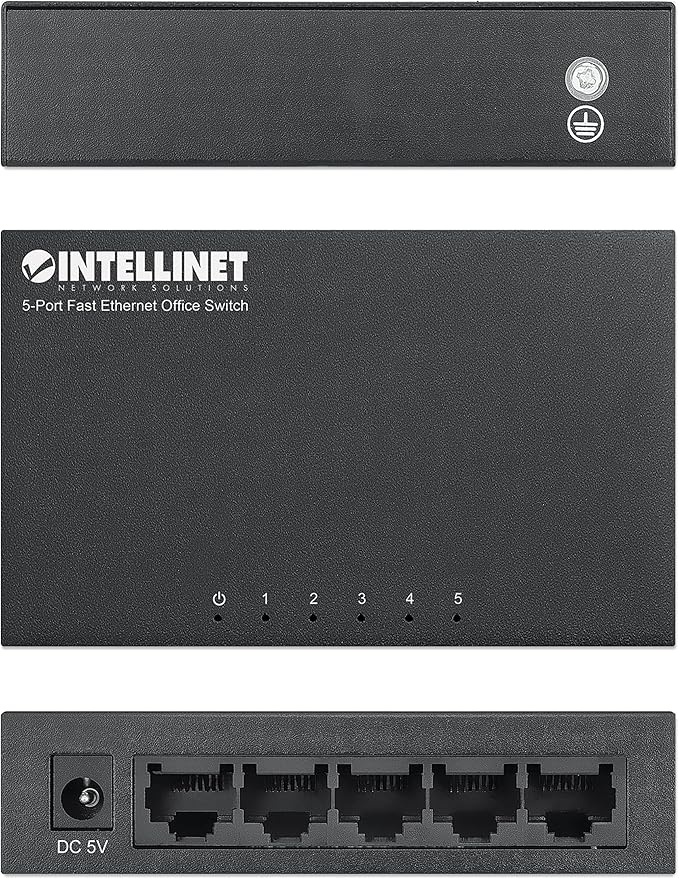 Intellinet 5-Port Fast Ethernet Network Switch - Ethernet Splitter - Unmanaged | Plug & Plug | Durable Metal Housing - for Computer Networking Hub, Desktop – 3 Yr Mfg Warranty – 523301