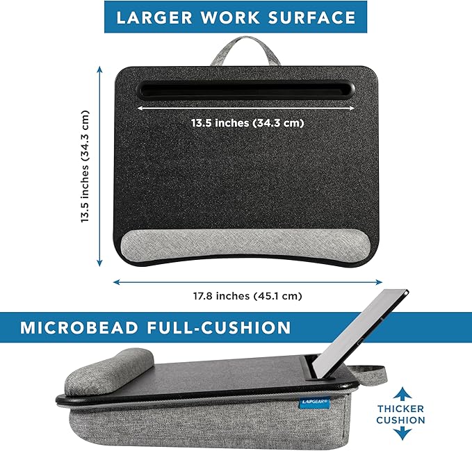 LAPGEAR Portable Laptop Lap Desk with Pillow Cushion, Anti-Slip Strip, Tablet or Phone Storage Slot, Pen and Pencil Pocket, and Wrist Rest - Black - Fits up to 15.6 Inch Laptops - Style No. 91348