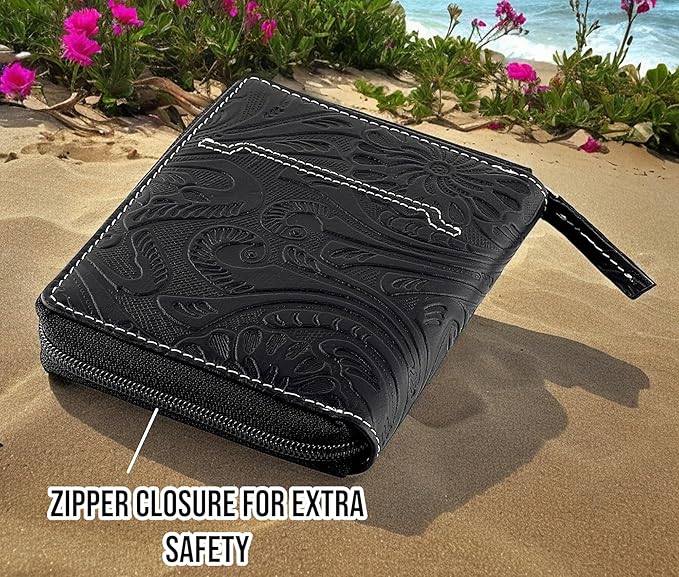 Passport Wallet - Travel Document Holder w/RFID Blocking – Full Grain Leather – Bifold compact zip around Wallet with Credit Card Slots for Women and Men, black floral,500-40