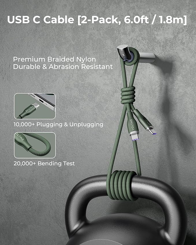 VOLTME USB C Cable (6ft 100W, 2-Pack), Premium Nylon USB C to USB C Cable 2.0, Type C Charging Cable Fast Charge for iPhone 17/16/15 Series,Galaxy S25/S24/S23,MacBook Pro 2020,and More(Green)