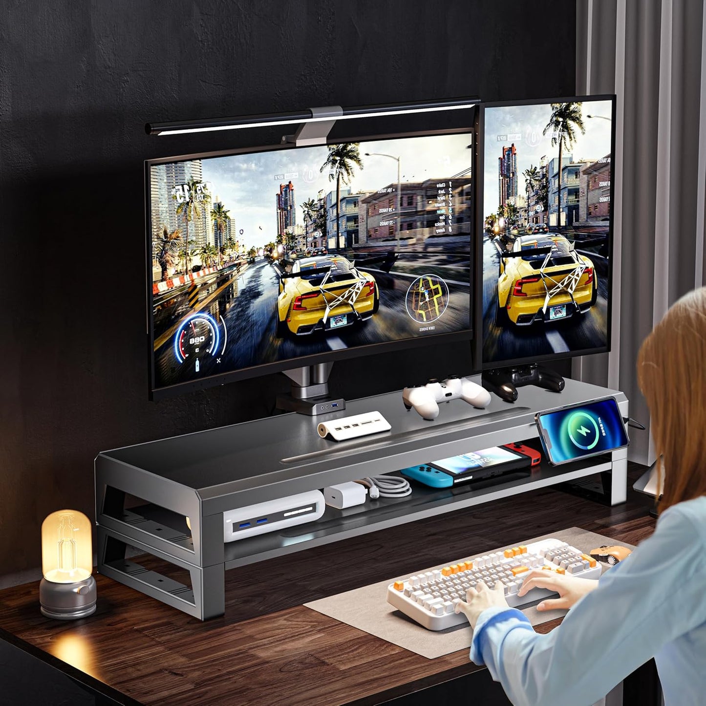 2-Tier Metal Computer Monitor Stand & Laptop Desk Shelf, 21.6 Inches, 22W Charging, 2 USB 3.0, 1 USB 2.0, Heavy Duty, Black, Metal