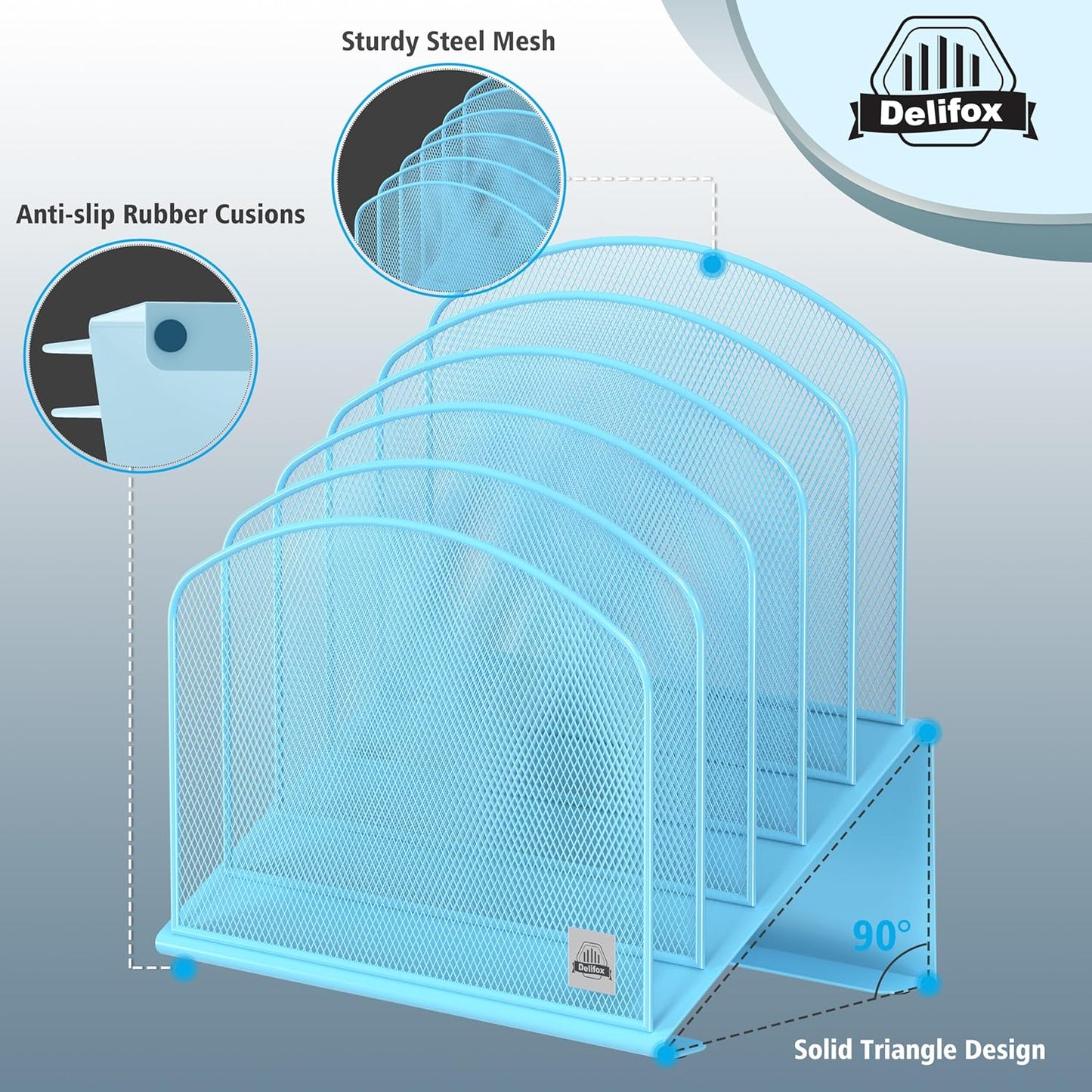 2Pack Inclined Desk File Organizer, 5-Section Vertical File Folder Holder Stand Metal Rack File Sorter for Office Classroom Desktop Organization,Blue