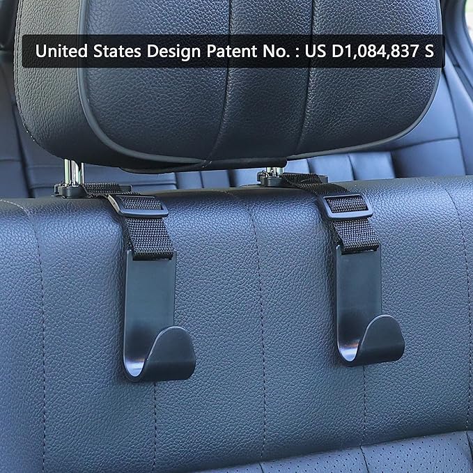 Amooca Headrest Hooks for Car Adjustable 4 Pack Vehicle Seat Back Organizer Storage Hanger Holder for Purse Bags Universal Fit with Clip Black