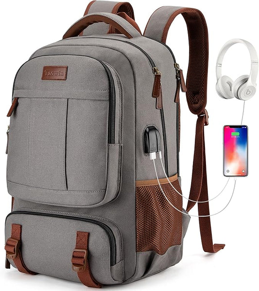 Tzowla Canvas Laptop Backpack, Bag for Men Women,Travel Work Rucksack Fits 15.6 Inch Laptop, Bookbag with USB Charging Port