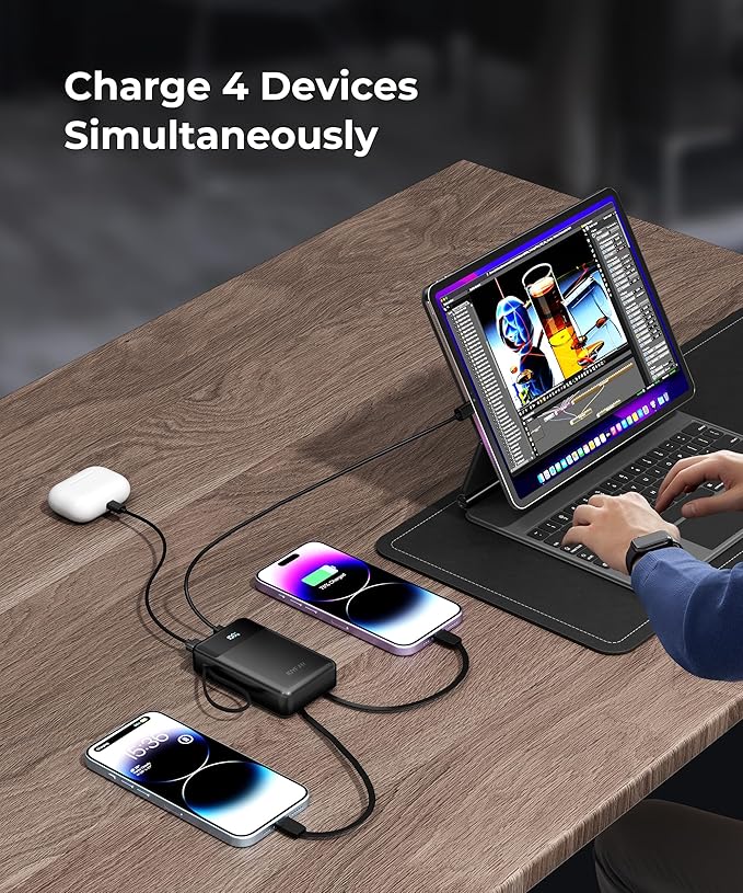 Portable-Charger-Power-Bank Travel Essentials Battery Pack USB C 30000mAh Built in Cable 22.5W Phone Fast Charging Powerbank Compatible with iPhone 16 15 14 13 12 11 iPad Samsung Google (Black)