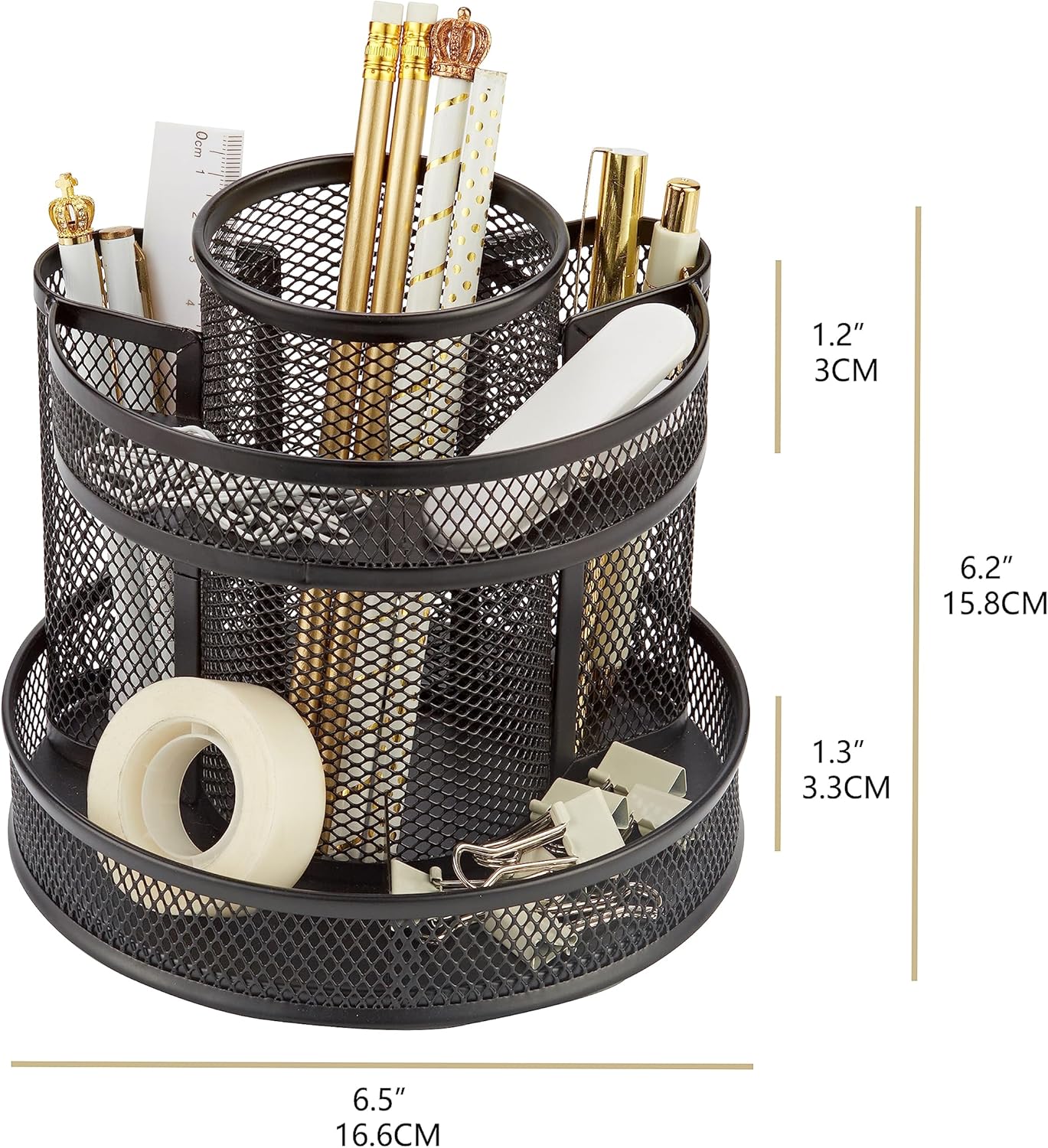 Annova Mesh Desk Organizer Rotate with 5 Compartments Round Spinning Tidy Candy/Pen Holder Desk Accessories Office, Art Supply, Storage, Classroom, Home (Black)