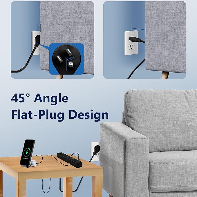 LIDER Outlet Extender with 4 Receptacles, USB-A and 2 USB-C, Ultra-Thin Flat-Plug with Cord Extender, 4-Outlet Power Strip, 45 Degree Angle, Surge Protectect 1500 Joules, 5ft Cord, UL-Listed, Black