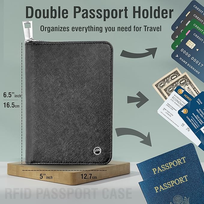 RFID Travel Wallet Passport Holder w/Zipper - Organizer Bag for Travel Documents – Safety Essentials Cover for Men Women