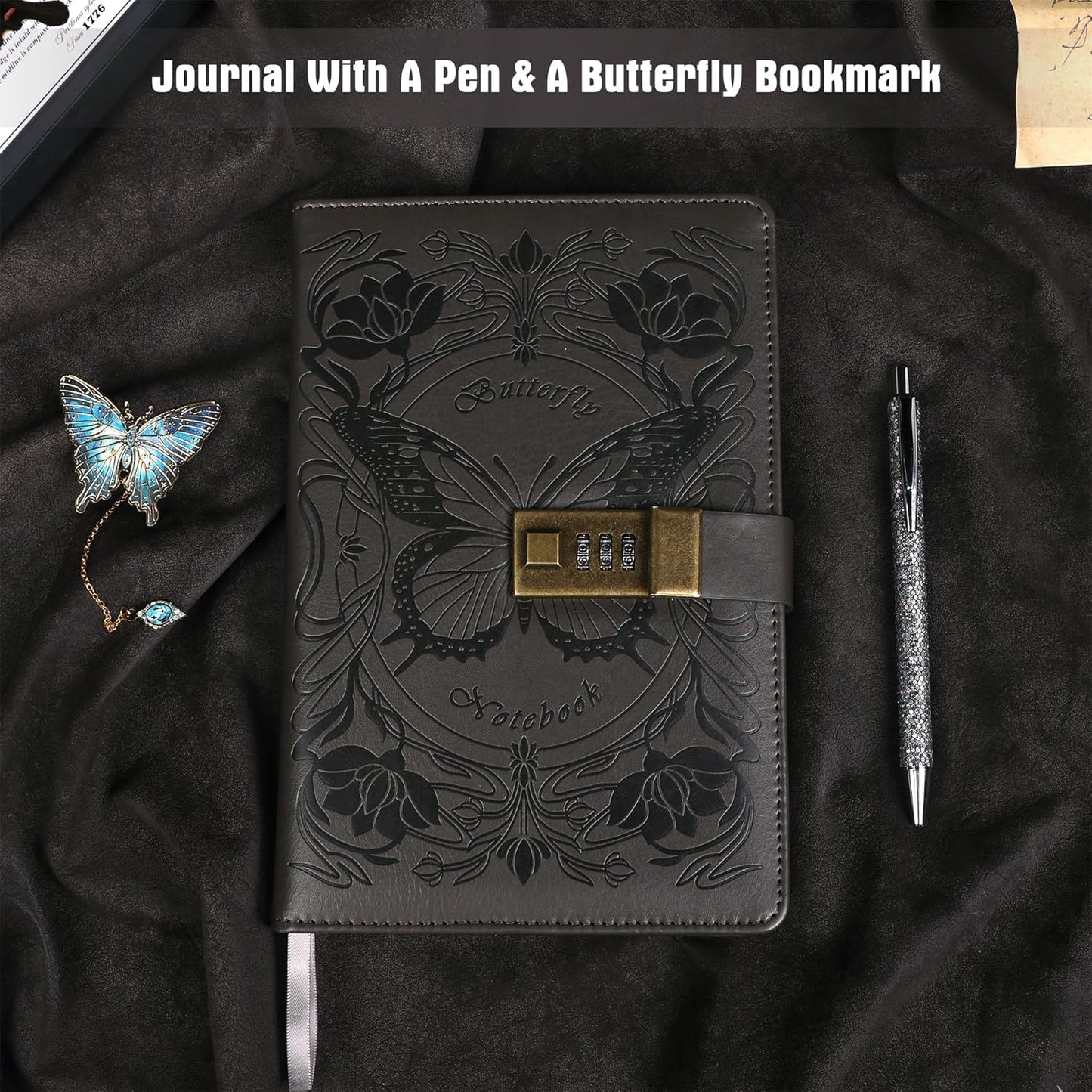 TIEFOSSI Diary with Lock for Women Girls, Lined Locked Journal, Butterfly Journal Notebook with Pen and Bookmark, A5 Refillable Locking Journals for Writing, 224 Numbered Pages