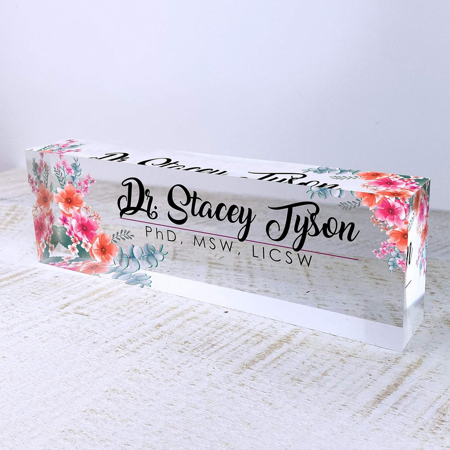 Artblox Office Desk Name Plate Personalized | Custom Name Plates for Desks | Flowers Wild Design On Clear Acrylic Glass | Office Desk Decor - (8" x 2.5")