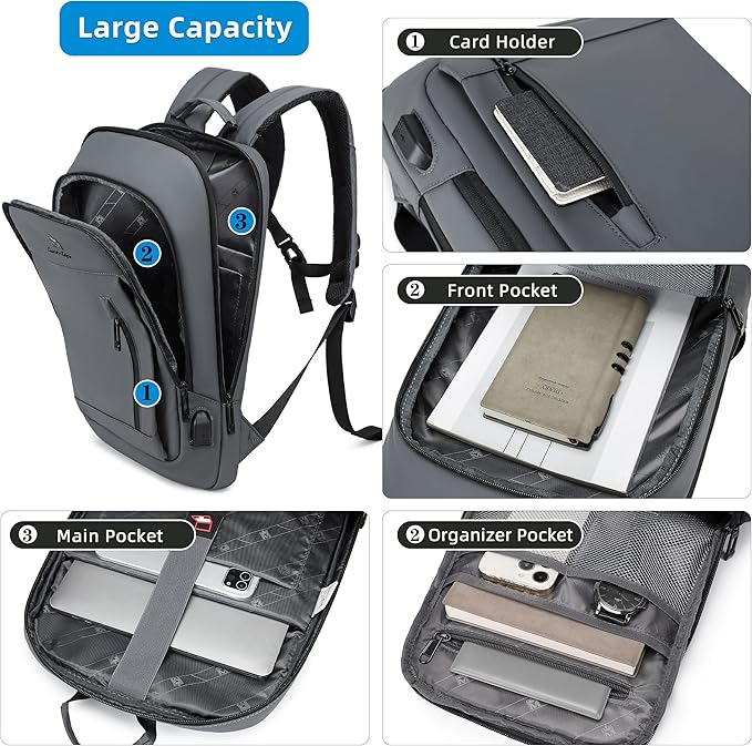 Caoroky knight Backpack Laptop Men 15.6 inch Slim Work Business Backpacks with USB Charging Port Mens Travel Bag Bookbag (Grey, Medium)