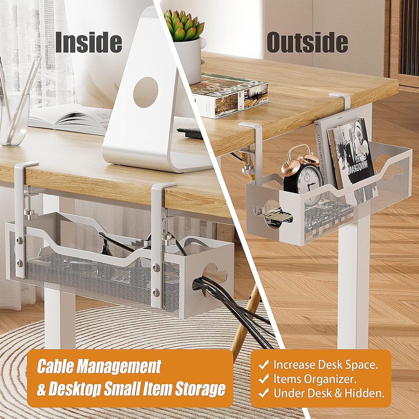 Under Desk Cable Management Tray 13.38", Quszmd Cable Organizer No Drill, Standing Cord Organizer and Wire Management Tray - No Damage to Desk, White