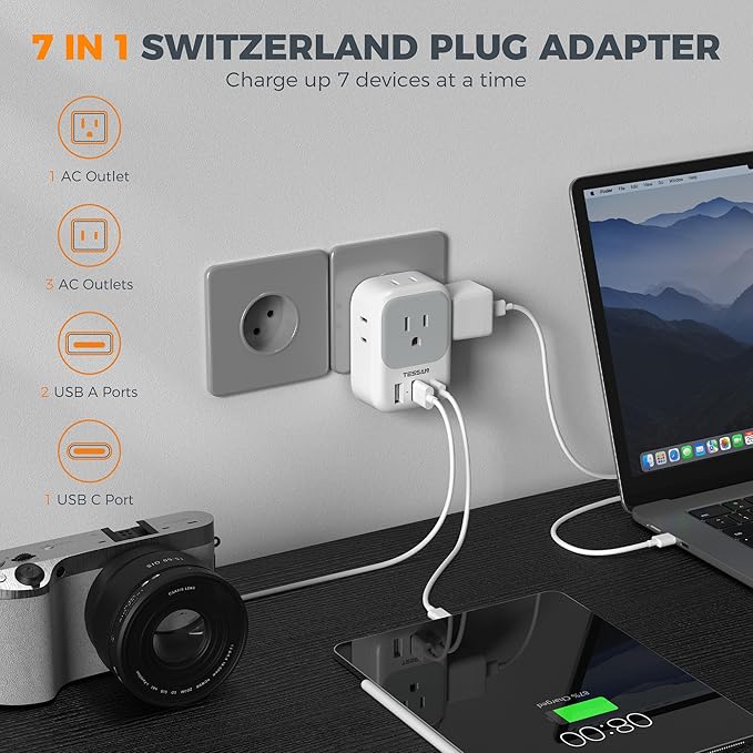 Switzerland Power Adapter 2 Pack, TESSAN Type J Adaptor with 4 Outlets 3 USB Charging Ports(1 USB C), Swiss Travel Plug for US to Switzerland, Liechtenstein, Rwanda