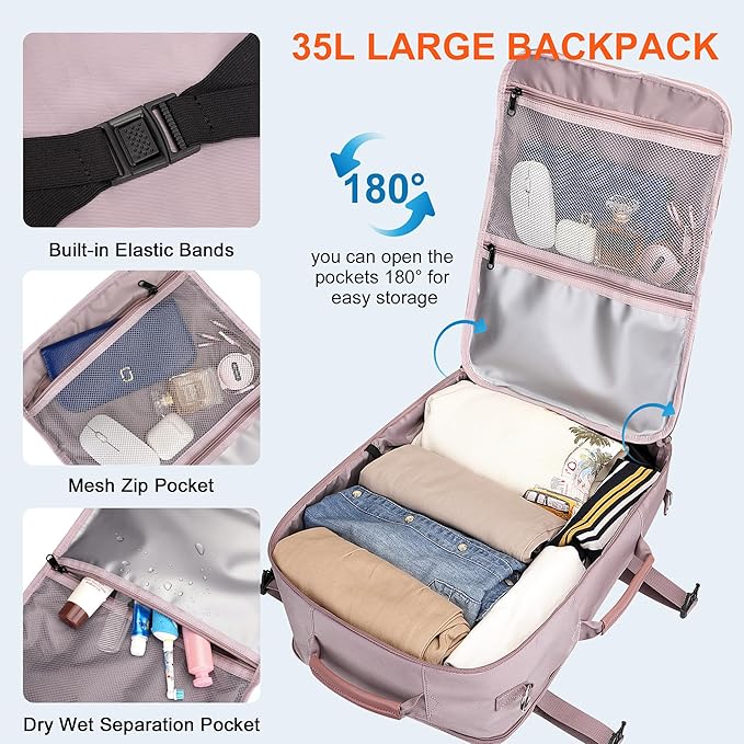 PIJUSHI Travel Backpack for Women Flight Approved Carry on Bag 16 inch Laptop Personal Item Daypack with Shoe Compartment(PE038 Light Purple)