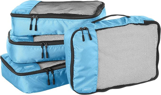 Amazon Essentials 4-Piece Packing Cubes Travel Accessories Set, Luggage Organizer with Double Zipper, Mesh Top, 100% Polyester, Medium, Sky Blue (Previously Amazon Basics)