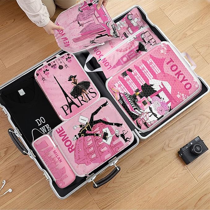 Compression Packing Cubes for Travel, 6 Set Pink Fashion Luxury Girly Luggage Organizers, Lightweight Waterproof Expandable/Compression Bags Smell Proof Travel Packing Cubes for Suitcases