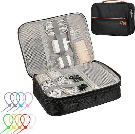 Electronics Accessories Organizer Bag, Waterproof Double Layer Travel Cable Organizer Case for Cords, Charger, Power Bank, Hard Drive, Mouse – Shockproof Tech Storage Pouch for Travel & Home (Black)