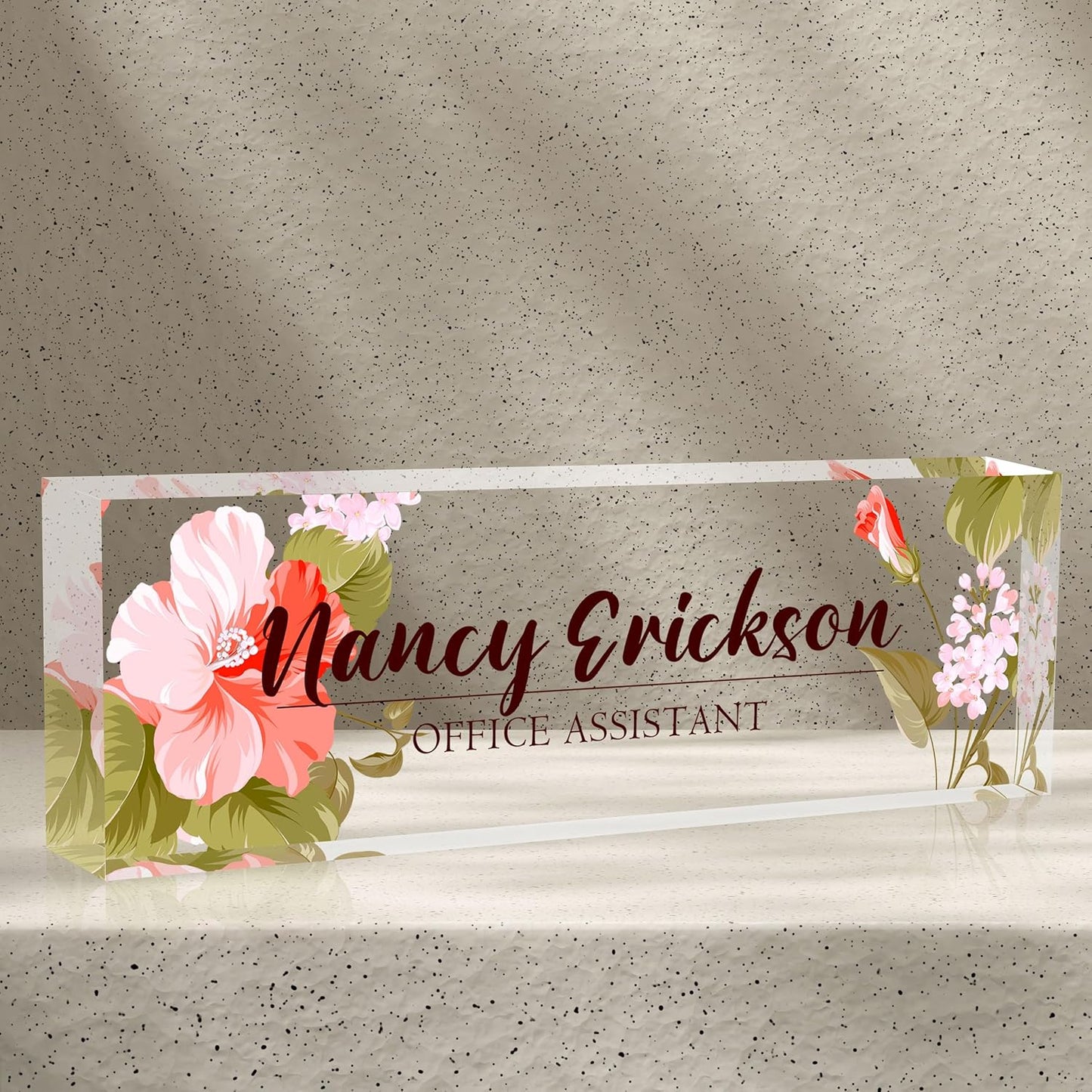 Acrylic Name Plate Personalized, Teacher Name Plates for Desks Classroom, Gifts for Teacher Boss Employee Appreciation Office Desk Decor (Pink Flowers)