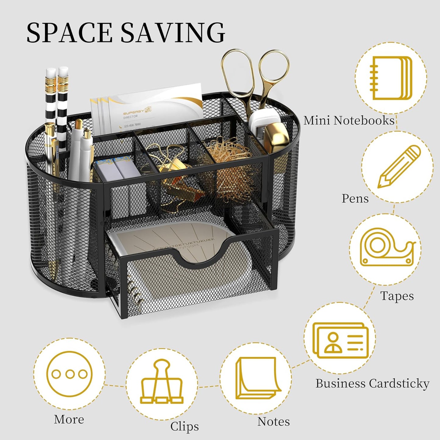 SUPEASY Mesh Desk Organizer, Desk Accessories & Workspace Organizers with Drawers, Pencil Holder for Desk with 9 Compartments for Office Supplies, 8.6 x 4.3 x 4.1 Inch, Black