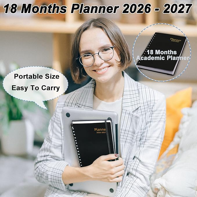 Daily Planner 2026-2027, 2026 Planner Weekly and Monthly, Jan 2026-Jun 2027, 18 Month Agenda Planner with Tabs Sticker, A5 Size, Black