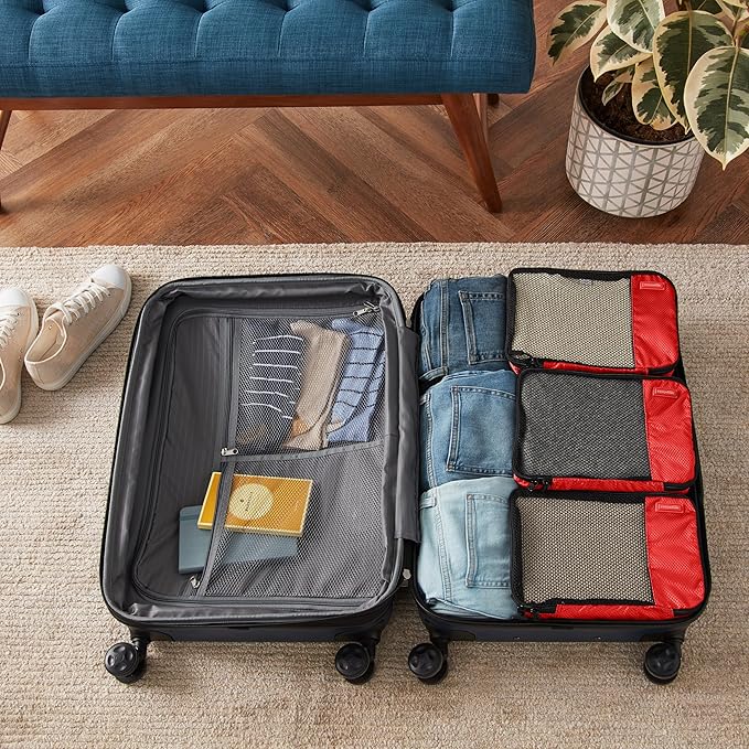 Amazon Essentials 4-Piece Packing Cubes Travel Accessories Set, Luggage Organizer with Double Zipper, Mesh Top, 100% Polyester, Small, Red (Previously Amazon Basics)