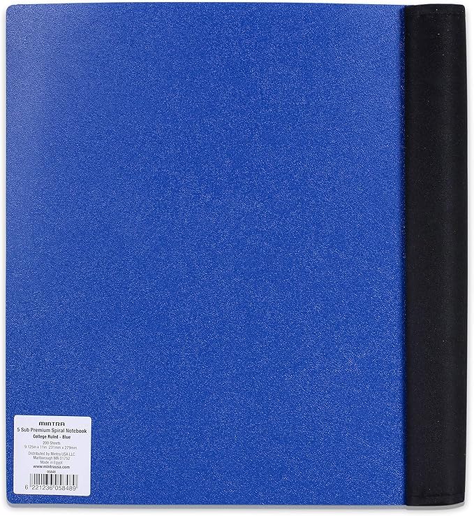 Mintra Office Durable PREMIUM Spiral Notebook, ((Blue, 5 Subject, 8.5in x 11in)), Fabric Covered Coils, No Snags, Removable Adjustable Pocket Dividers, Ruler, Organization, Customizable