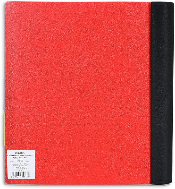Mintra Office Durable PREMIUM Spiral Notebook, ((Red, 5 Subject, 8.5in x 11in)), Fabric Covered Coils, No Snags, Removable Adjustable Pocket Dividers, Ruler, Organization, Customizable