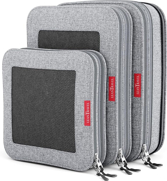 LeanTravel Compression Packing Cubes for Travel Organizers with Double Zipper (3-Pack (2L+1M), Grey)