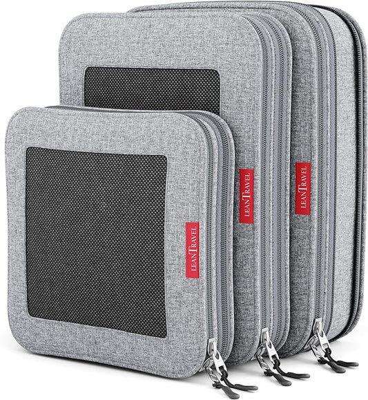 LeanTravel Compression Packing Cubes for Travel Organizers with Double Zipper (3-Pack (2L+1M), Grey)