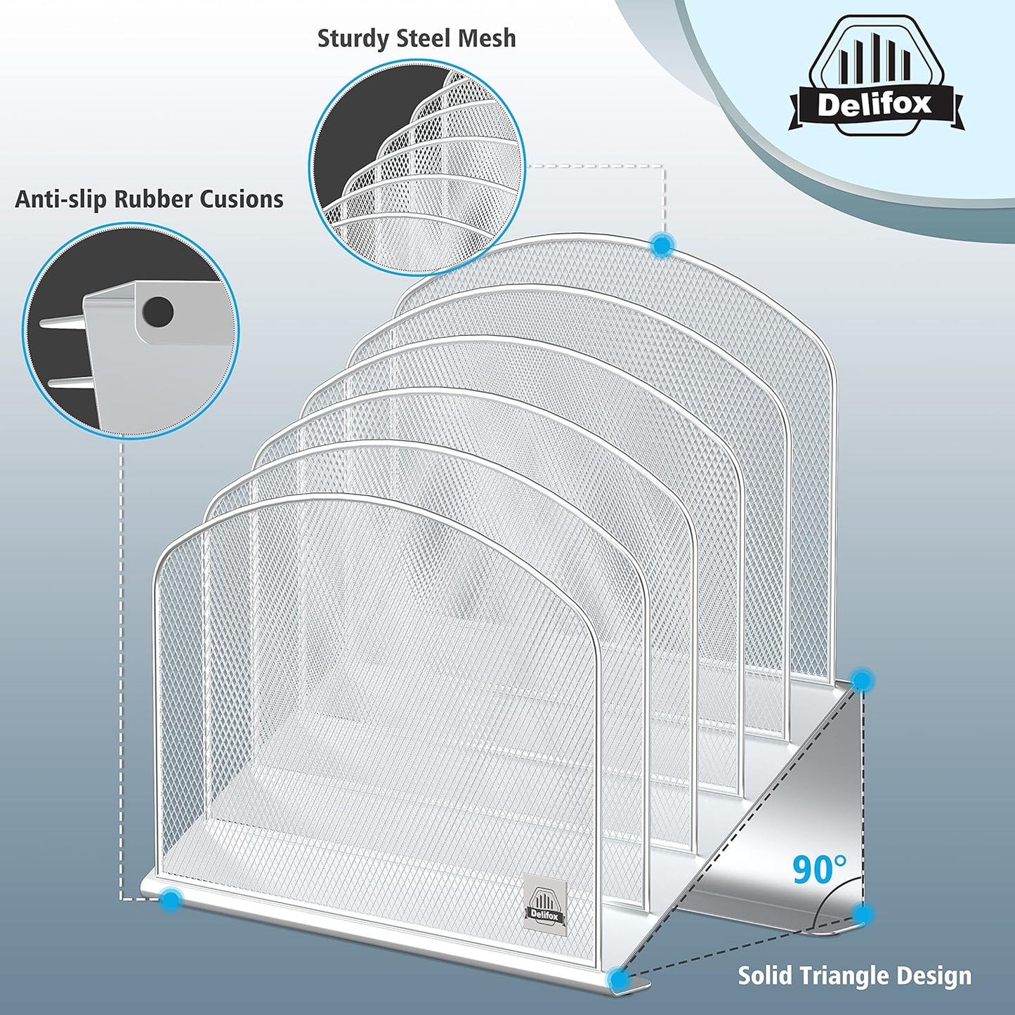 Inclined Desk File Organizer, 5-Section Vertical File Folder Holder Stand Metal Rack File Sorter for Office Classroom Desktop Organization (White, 2Pack)