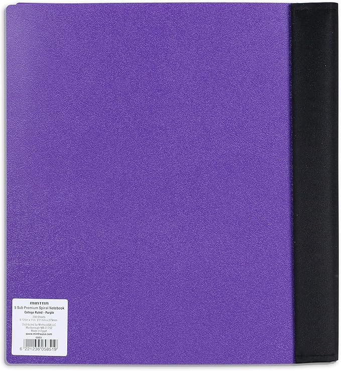 Mintra Office Durable PREMIUM Spiral Notebook, ((Purple, 5 Subject, 8.5in x 11in)), Fabric Covered Coils, No Snags, Removable Adjustable Pocket Dividers, Ruler, Organization, Customizable