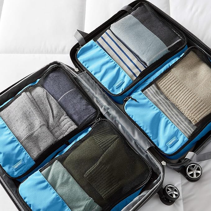 Amazon Essentials 4-Piece Packing Cubes Travel Accessories Set, Luggage Organizer with Double Zipper, Mesh Top, 100% Polyester, Medium, Sky Blue (Previously Amazon Basics)