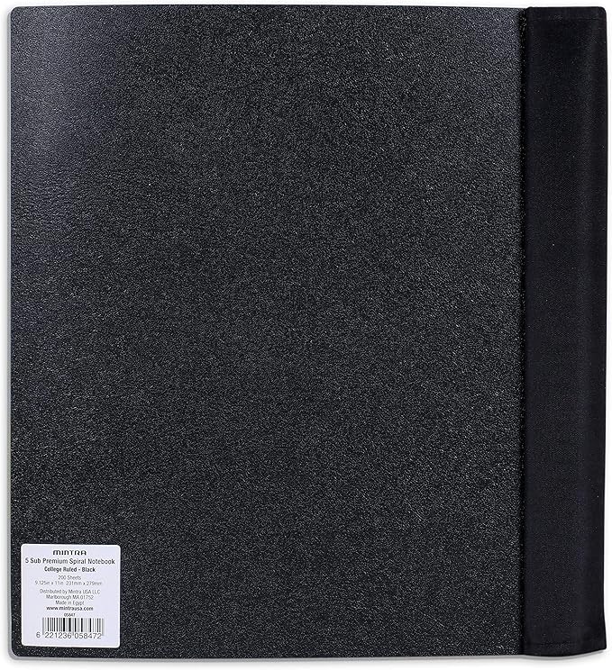 Mintra Office Durable PREMIUM Spiral Notebook, ((Black, 5 Subject, 8.5in x 11in)), Fabric Covered Coils, No Snags, Removable Adjustable Pocket Dividers, Ruler, Organization, Customizable