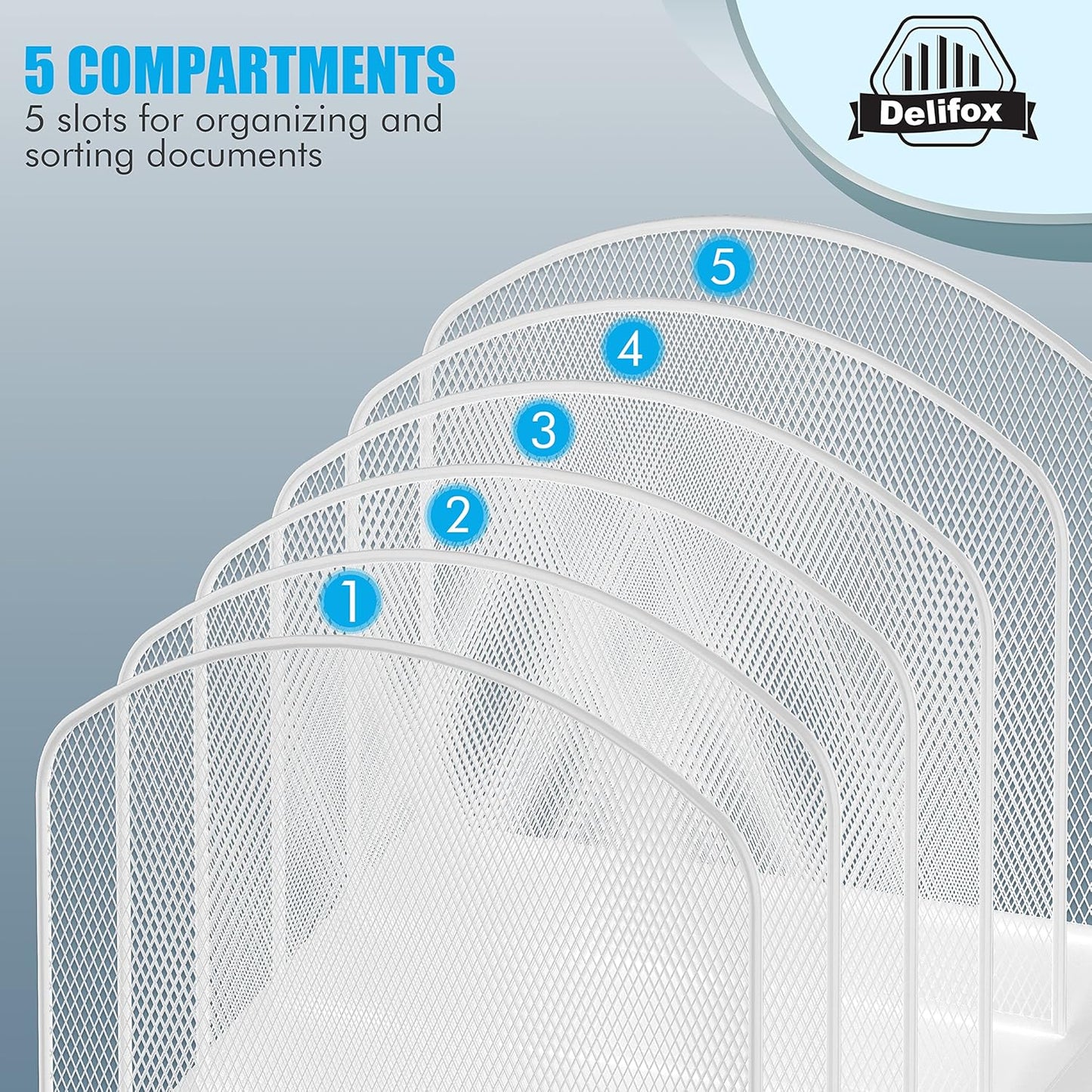 Inclined Desk File Organizer, 5-Section Vertical File Folder Holder Stand Metal Rack File Sorter for Office Classroom Desktop Organization (White, 2Pack)