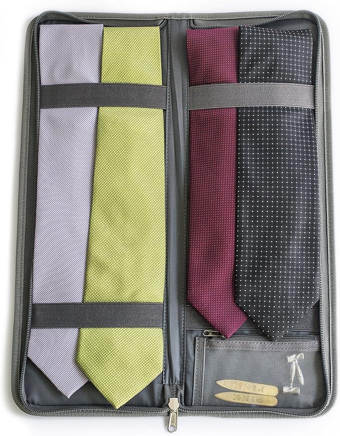 LeanTravel Tie Case Organizer for Travel with Storage Bag for Cufflinks, Color Grey