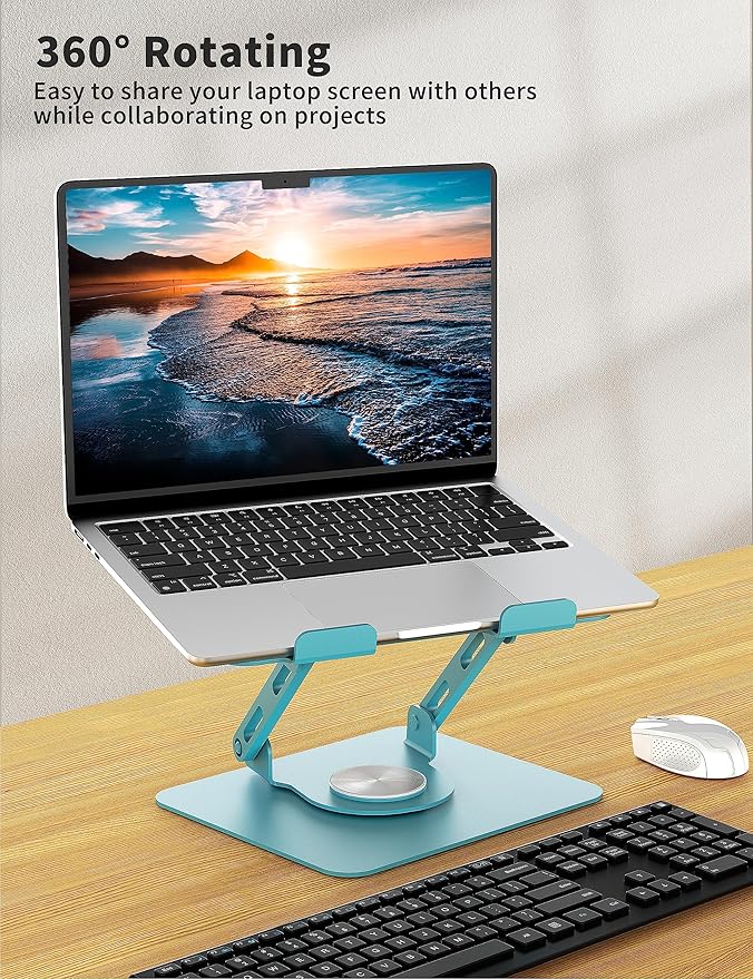 SOUNDANCE Laptop Stand with 360° Rotating Base, Ergonomic Computer Riser for Desk, Adjutable Height Muti-Angle, Foldable Laptop Mount, Stable Metal Holder Support 10-15.6" Notebook PC, Blue