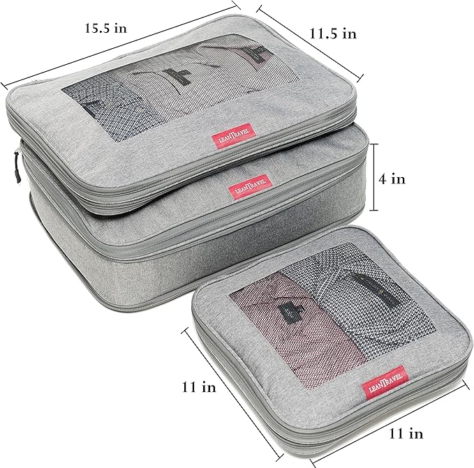LeanTravel Compression Packing Cubes for Travel Organizers with Double Zipper (3-Pack (2L+1M), Grey)