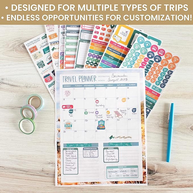bloom daily planners Travel Planner Stickers - 8 Sheets / 450 Stickers - Adventure Variety Pack for Trip Planning, Scrapbooking, Calendar Decorating, Vacation Journaling - Colorful Icons & Quotes